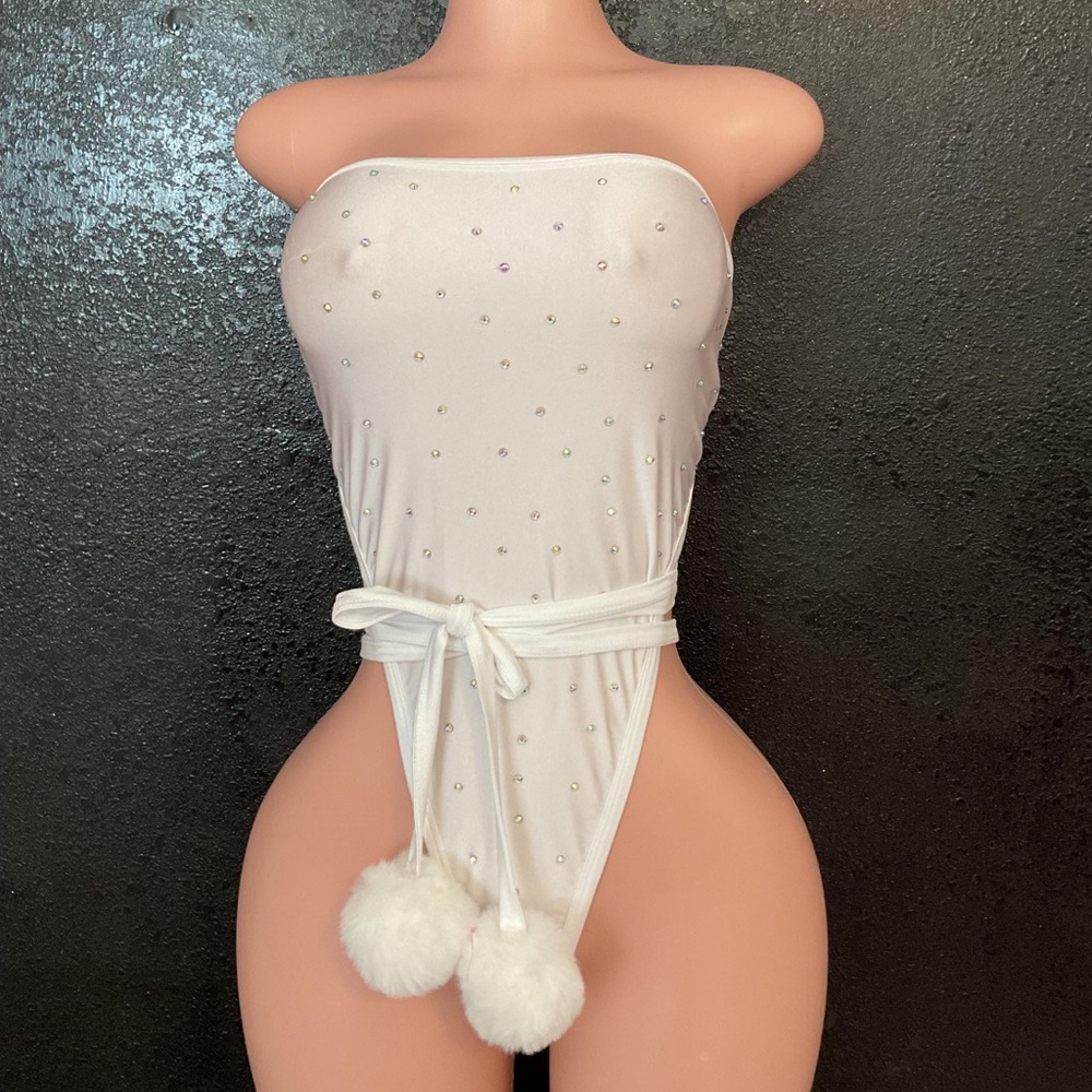 Strapless White Embellished Bandeau Bodysuit with Pom Tie